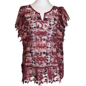 Soft Surroundings Women’s Size S Laser Cut Floral Lace Blouse Top Red Pink Boho